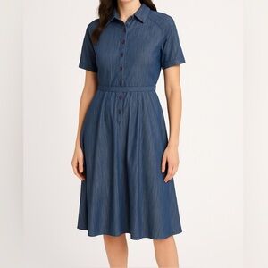 eShakti Custom Blue A-Line Dress | Convertible Sleeves, Belted Size L